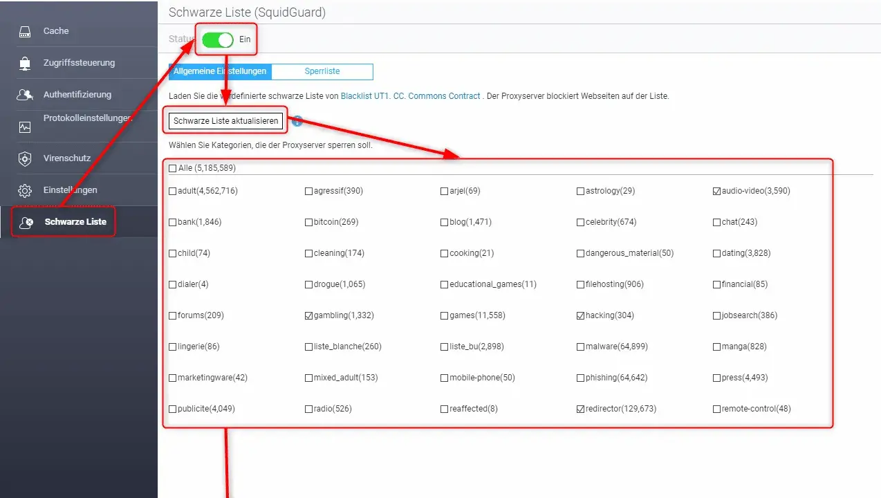 QNAP Reverse Proxy: Schwarze Liste mit Kategorien wie "gambling" und "hacking" zur Sperrung von Webseiten.