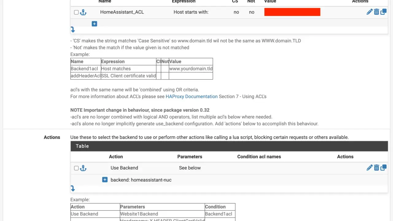 pfSense HAProxy: ACLs definieren, z.B. "HomeAssistant_ACL" für Host-Starts. Aktionen wählen, um Backends zu steuern.
