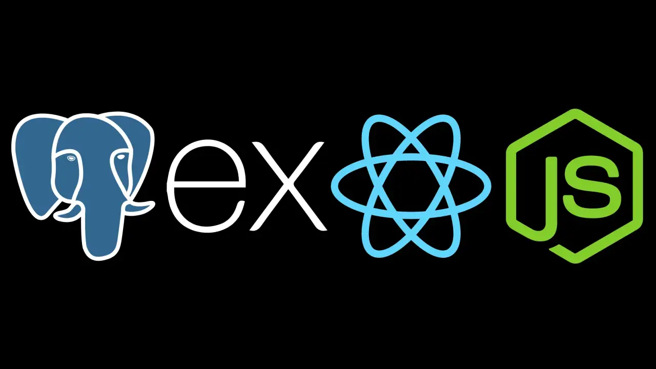 Logos für PostgreSQL, Express.js, React und Node.js, die den MERN-Stack repräsentieren.