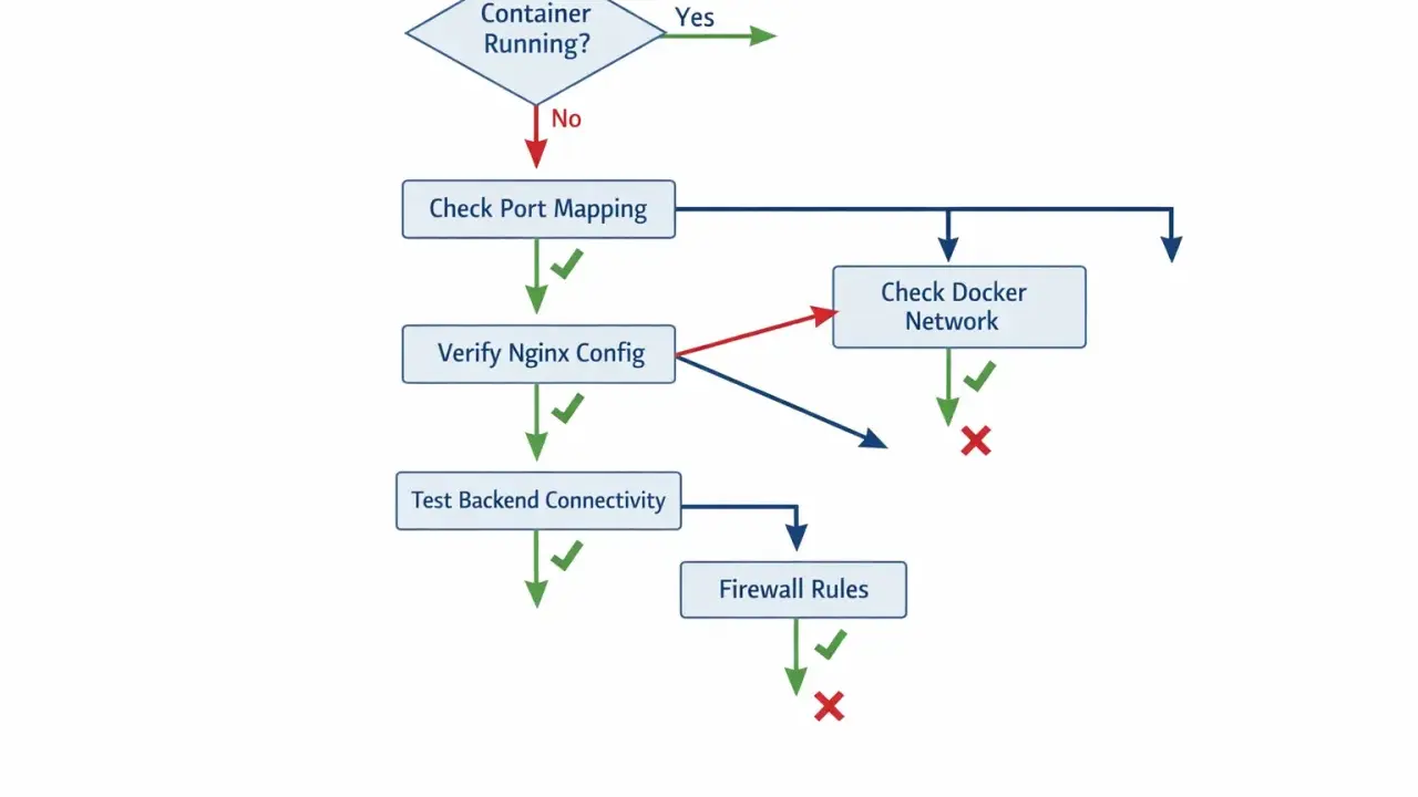 Flussdiagramm zur Überprüfung der Nginx-Konfiguration: Container läuft? Port-Mapping, Nginx-Konfiguration, Docker-Netzwerk, Backend-Konnektivität, Firewall-Regeln.
