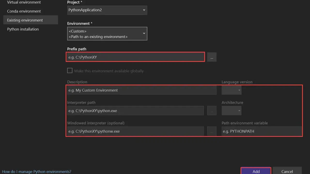 Konfiguration einer bestehenden Python-Umgebung mit Pfadangaben und Beschreibung.