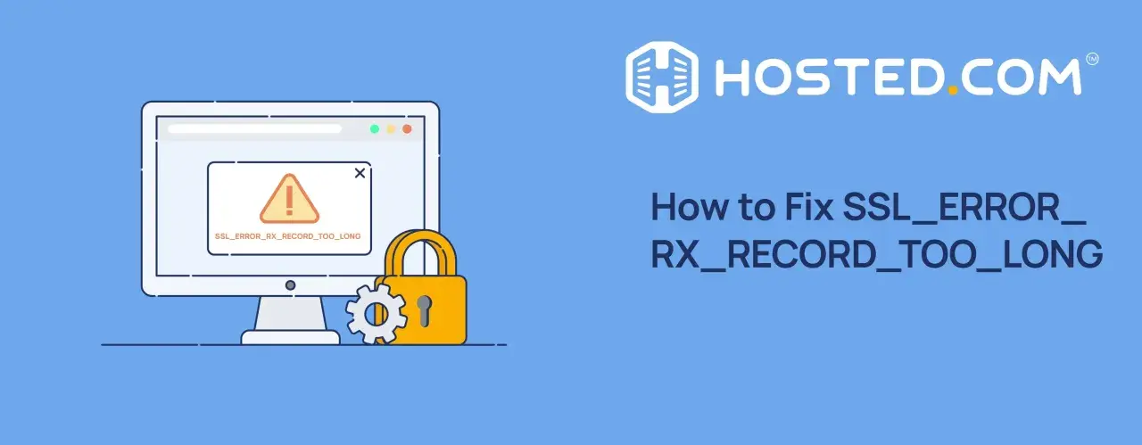 Ein Computer zeigt den Fehler "ssl_error_rx_record_too_long" an. Ein Schloss und Zahnrad symbolisieren die Lösung.