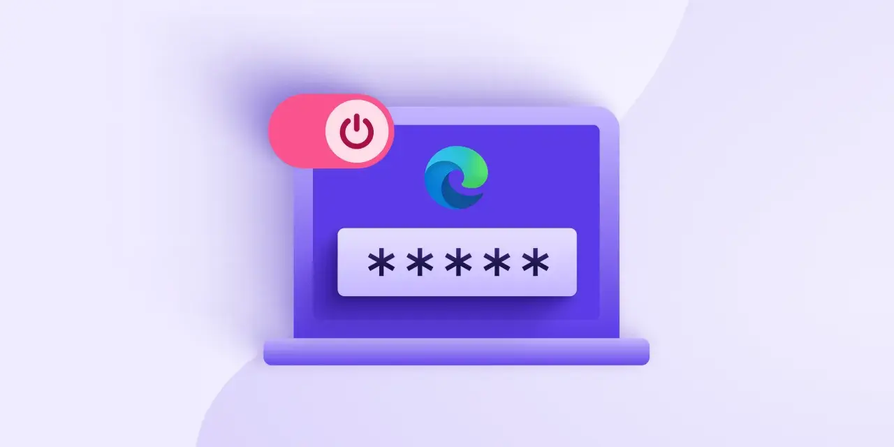 Ein Laptop mit dem Edge-Logo und Sternchen für ein Passwort. Ein roter Schalter mit einem Power-Symbol ist daneben zu sehen.