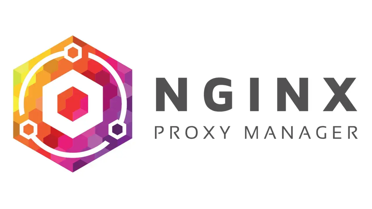 Logo mit einem bunten sechseckigen Muster und dem Text "NGINX PROXY MANAGER".