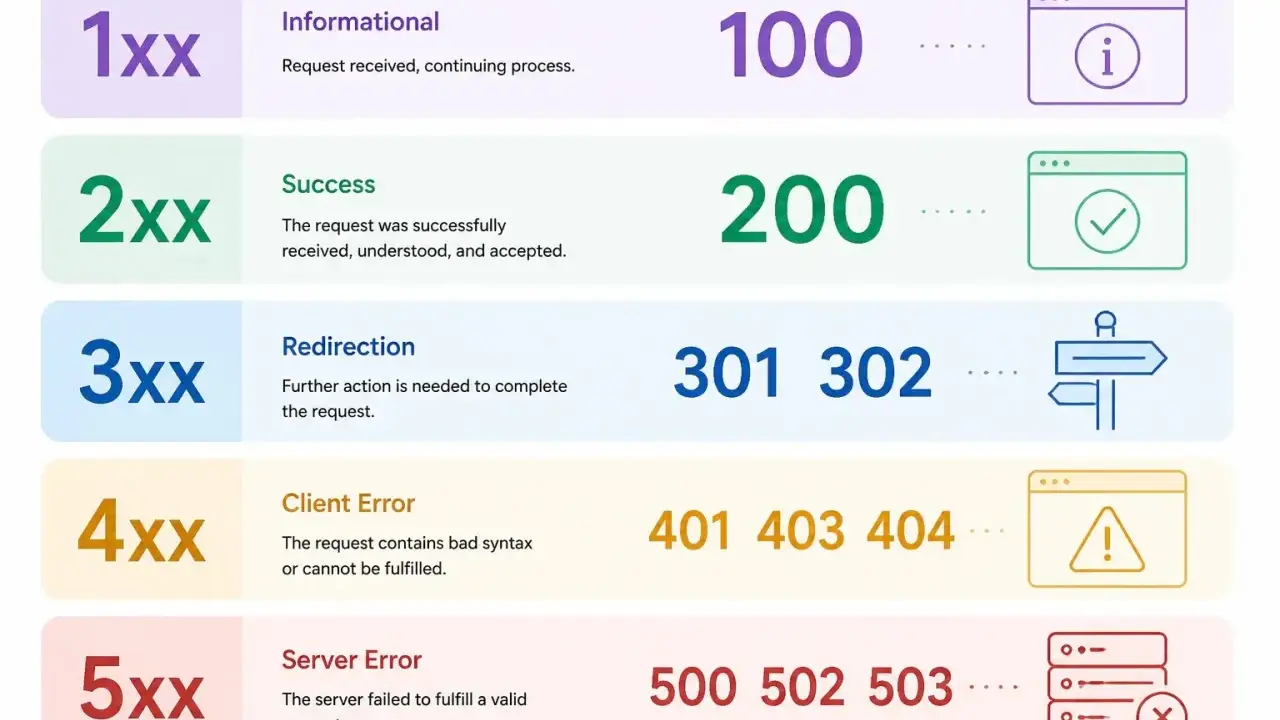 HTTP-Statuscodes: 1xx Info, 2xx Erfolg, 3xx Weiterleitung, 4xx Client-Fehler (z.B. autorisierung fehlgeschlagen), 5xx Server-Fehler.