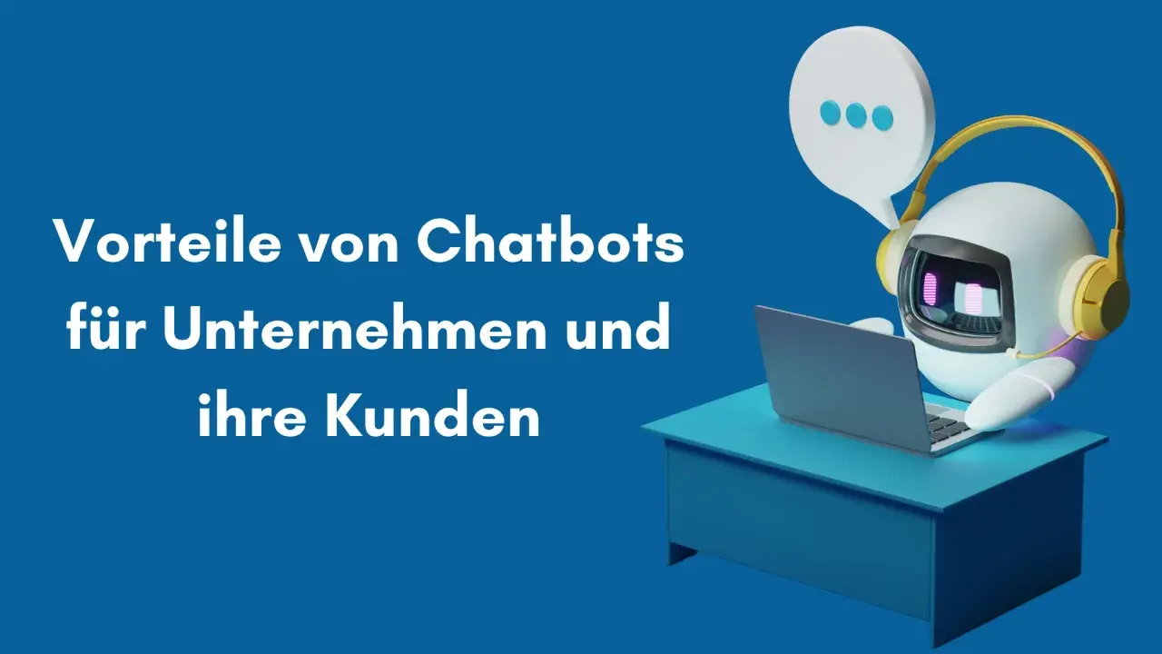 Ein freundlicher Roboter mit Kopfhörern sitzt am Schreibtisch und arbeitet am Laptop. Er hilft Unternehmen, einen Bot zu bauen, um Kunden zu unterstützen.