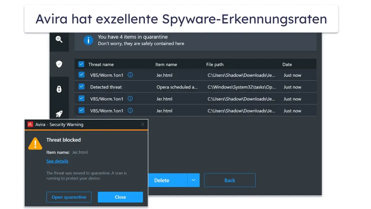 Avira hat 4 Elemente in Quarantäne, darunter eine potenziell schädliche Spyware-App namens Jer.html.