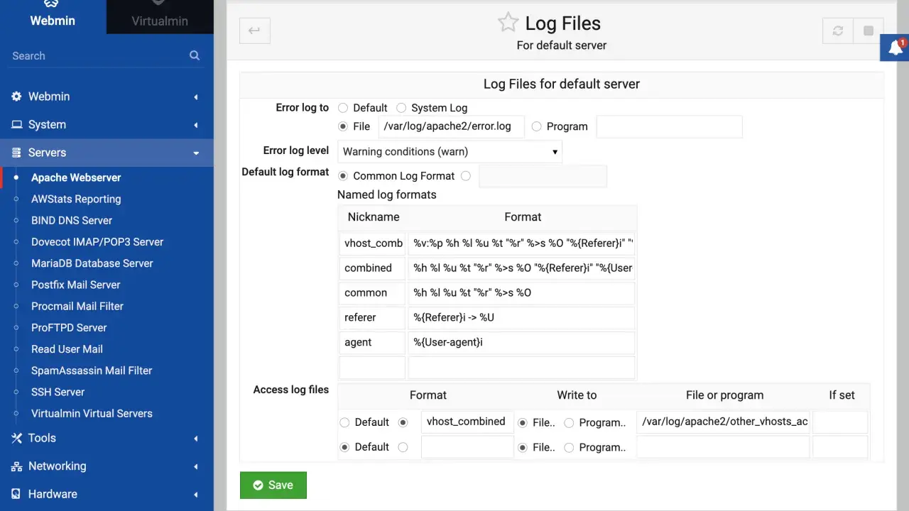 Webmin-Oberfläche zur Konfiguration von Log-Dateien für den Apache Webserver. Hier werden der Apache Servername und Log-Formate festgelegt.