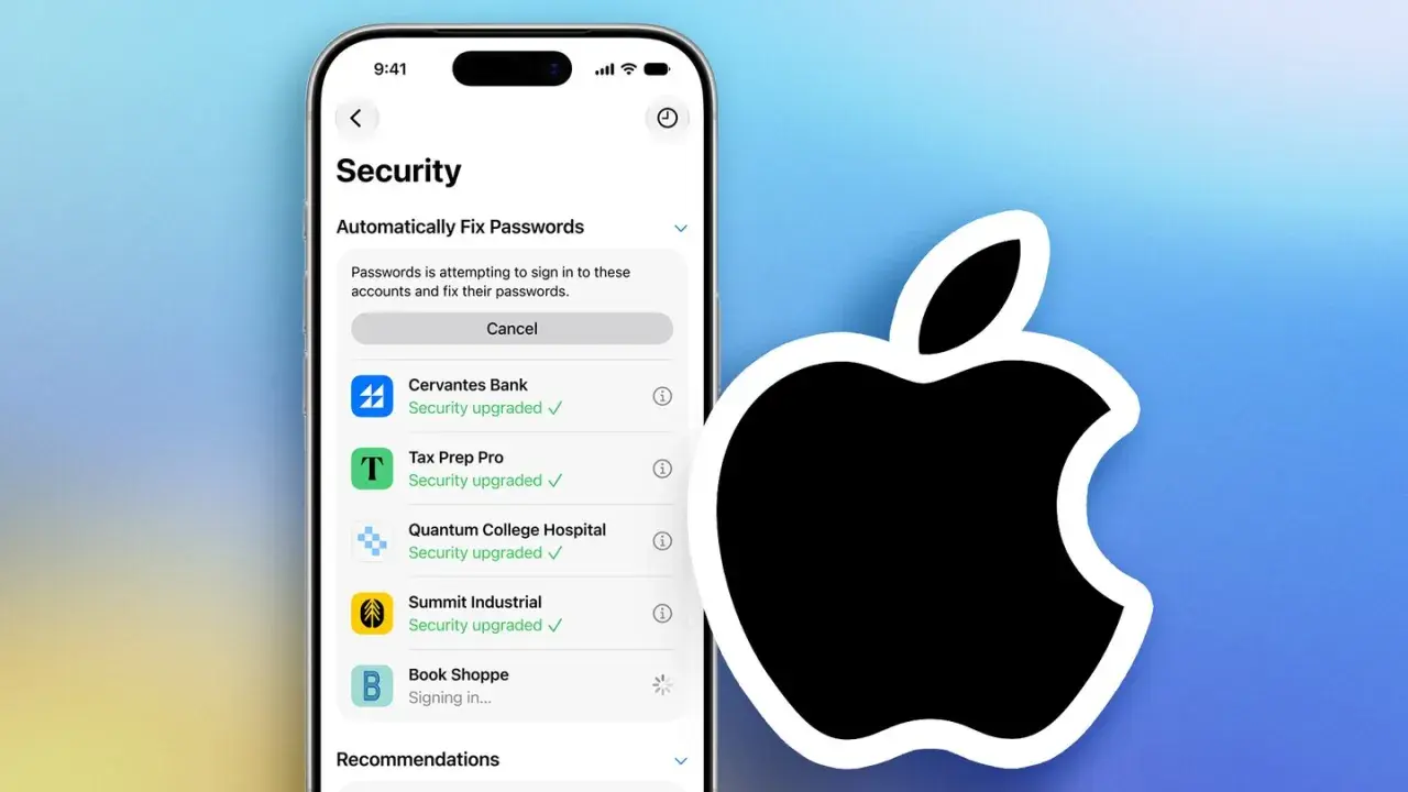 iPhone-Bildschirm zeigt "Sicherheit" mit der Option "Passwörter automatisch reparieren", was auf einen iPhone Passwort Manager hindeutet.