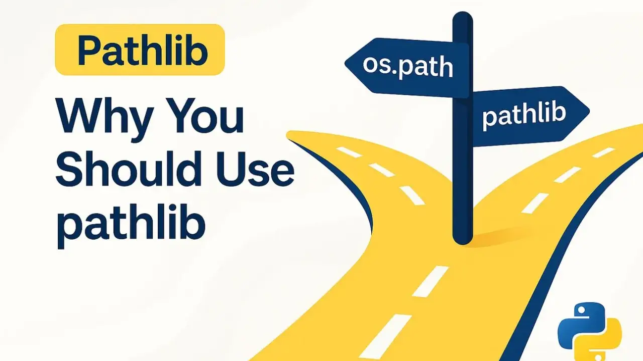 Wegweiser zeigt "os.path" und "pathlib". Die Frage "Why You Should Use pathlib" und das Python-Logo deuten auf die Erstellung einer Python-Datei mit pathlib hin.