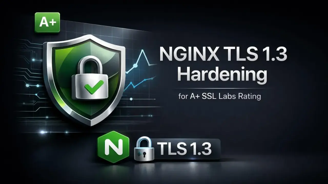 NGINX TLS 1.3 Hardening für A+ SSL Labs Rating. Ein Schild mit Schloss und Haken symbolisiert Sicherheit.