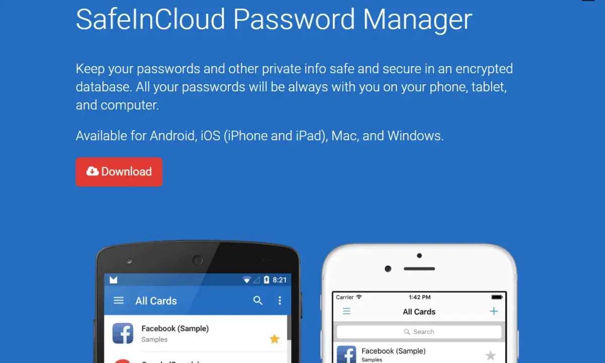 SafeInCloud: Ein lokaler Passwort Manager für sichere Speicherung auf allen Geräten. Download-Button sichtbar.