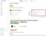 Home Assistant zeigt die Nginx Proxy Manager Add-on-Konfiguration mit Hostnamen und Ressourcennutzung an.