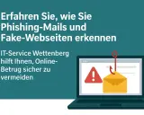 Ein Laptop zeigt eine Warnung und eine E-Mail, die von einem Haken gefischt wird. So erkennen Sie Phishing und betrügerische virus website.