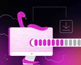 Ein pinker Python-Charakter umarmt einen Monitor, während eine Fortschrittsleiste und ein Download-Symbol den Prozess des Python installieren anzeigen.