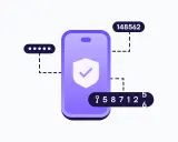 Sichere Anmeldung: Smartphone mit Sicherheitsschild, Passwortpunkte, Schlüssel und TOTP-Codes (z.B. 148562, 958712).