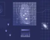 Digitale Darstellung von biometrischer Erkennung mit Fingerabdruck-Scan, Handabdruck-Analyse und Weltkarte mit Markierungen.