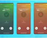 Drei Handy-Bildschirme zeigen, was bedeutet Spam auf dem Handy: "Not Spam" (grün), "Suspected Spam" (orange) und "Scam or Fraud" (rot).