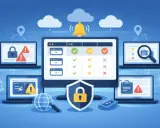 Sicherheitsüberwachung mit Laptops, die Warnungen und Schlösser zeigen. Ein zentraler Monitor mit Checklisten und eine Glocke für Benachrichtigungen.