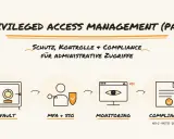 Schutz, Kontrolle und Compliance für administrative Zugriffe durch Privileged Access Management (PAM): Vault, MFA+SSO, Monitoring und Compliance.