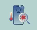 Trauriges Smartphone mit Pflaster, Thermometer und Lupe, die ein böses Virus zeigt. Das ist Scareware, die Angst macht.
