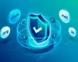 Sicheres Domain-Management: Schild mit Häkchen, umgeben von .com, .org, .net, .io und Schlössern. Kein curl error 60 hier!