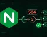 Nginx-Logo, 504-Fehler, Sanduhr-Symbol und ein grüner Haken. Dies illustriert den nginx proxy_read_timeout.