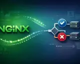 NGINX-Logo mit einem Flussdiagramm, das eine Entscheidung trifft: entweder Erfolg (grüner Haken) oder Fehler (rotes Kreuz), mit Servern und Symbolen.