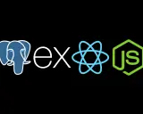 Logos für PostgreSQL, Express.js, React und Node.js, die den MERN-Stack repräsentieren.