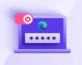 Ein Laptop mit dem Edge-Logo und Sternchen für ein Passwort. Ein roter Schalter mit einem Power-Symbol ist daneben zu sehen.
