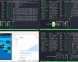 Mehrere Terminals zeigen die Ausführung von nginx for Windows, Systeminformationen und die Auslastung der CPU.