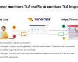 Zenarmor überwacht TLS-Verkehr für Inspektion. Ein Nutzer greift über Zenarmor auf eine Website zu, die mit einem Zertifikat antwortet. Der **curl sni**-Prozess wird hier erklärt.