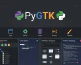 PyGTK-IDE zum **python gui erstellen**. Zeigt Code-Editor, Projektansicht, Interface Designer und Output.