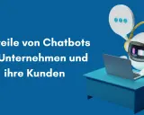 Ein freundlicher Roboter mit Kopfhörern sitzt am Schreibtisch und arbeitet am Laptop. Er hilft Unternehmen, einen Bot zu bauen, um Kunden zu unterstützen.