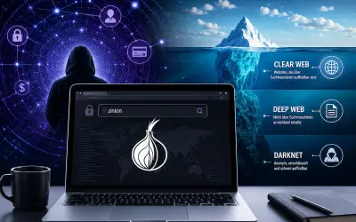 Ein Laptop zeigt die Tor-Suche, während ein Eisberg die Ebenen des Internets symbolisiert. So funktioniert das Darknet: anonym und verschlüsselt.