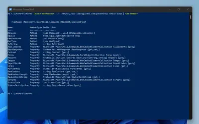 PowerShell-Fenster zeigt `Invoke-WebRequest` mit `Get-Member`, um die Eigenschaften des `HtmlWebResponseObject` zu untersuchen.