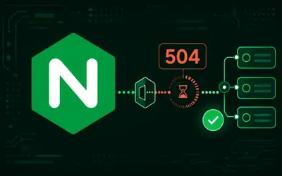 Nginx-Logo, 504-Fehler, Sanduhr-Symbol und ein grüner Haken. Dies illustriert den nginx proxy_read_timeout.