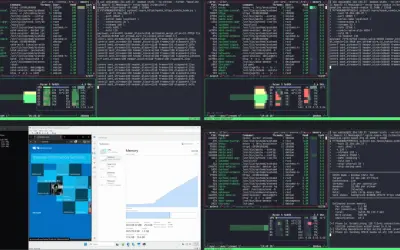 Mehrere Terminals zeigen die Ausführung von nginx for Windows, Systeminformationen und die Auslastung der CPU.