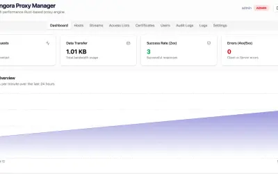 Dashboard von Pingora Proxy Manager, einer Nginx Proxy Manager Alternative, zeigt Anfragen, Datenübertragung und Erfolgsrate.