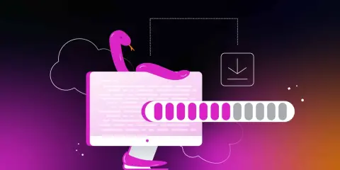 Ein pinker Python-Charakter umarmt einen Monitor, während eine Fortschrittsleiste und ein Download-Symbol den Prozess des Python installieren anzeigen.