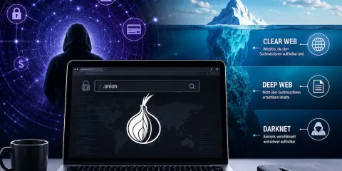 Ein Laptop zeigt die Tor-Suche, während ein Eisberg die Ebenen des Internets symbolisiert. So funktioniert das Darknet: anonym und verschlüsselt.