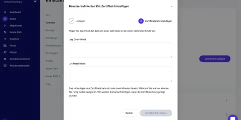 Benutzerdefiniertes SSL-Zertifikat hinzufügen: Inhalte der .key und .crt-Dateien einfügen, um das SSL-Zertifikat zu installieren.