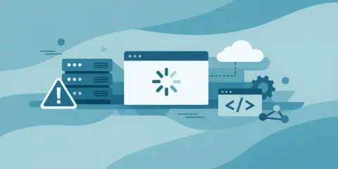 Server-Fehler: nginx no resolver defined to resolve. Ladeanzeige, Warnsymbol und Code-Symbol deuten auf Probleme hin.