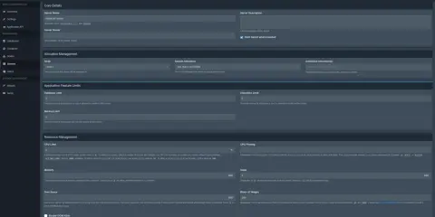 Pterodactyl-Panel-Einstellungen für einen Minecraft-Server, inklusive CPU-Limit, Speicher und Festplattenspeicher.