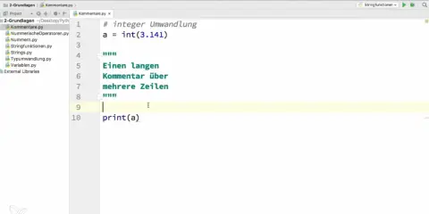 Python-Code in PyCharm zeigt, wie man mit """ mehrere zeilen auskommentieren kann.