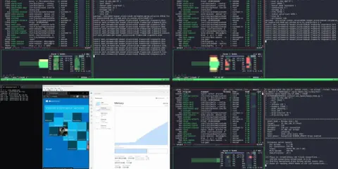 Mehrere Terminals zeigen die Ausführung von nginx for Windows, Systeminformationen und die Auslastung der CPU.