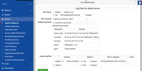 Webmin-Oberfläche zur Konfiguration von Log-Dateien für den Apache Webserver. Hier werden der Apache Servername und Log-Formate festgelegt.
