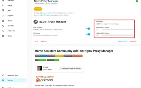 Home Assistant zeigt die Nginx Proxy Manager Add-on-Konfiguration mit Hostnamen und Ressourcennutzung an.