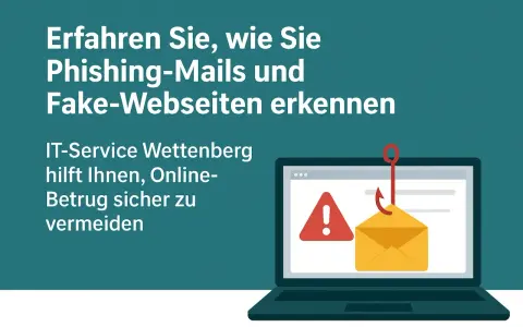 Ein Laptop zeigt eine Warnung und eine E-Mail, die von einem Haken gefischt wird. So erkennen Sie Phishing und betrügerische virus website.