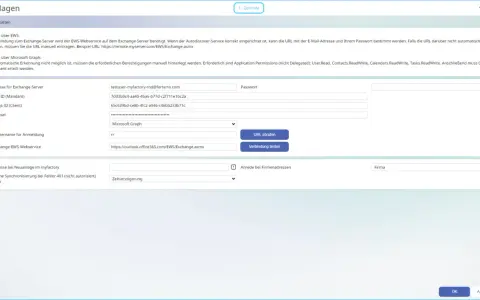 Einstellungen für die Exchange-Verbindung. Hier können Sie die E-Mail-Adresse, den Mandanten und die URL für den renew exchange certificate eintragen.